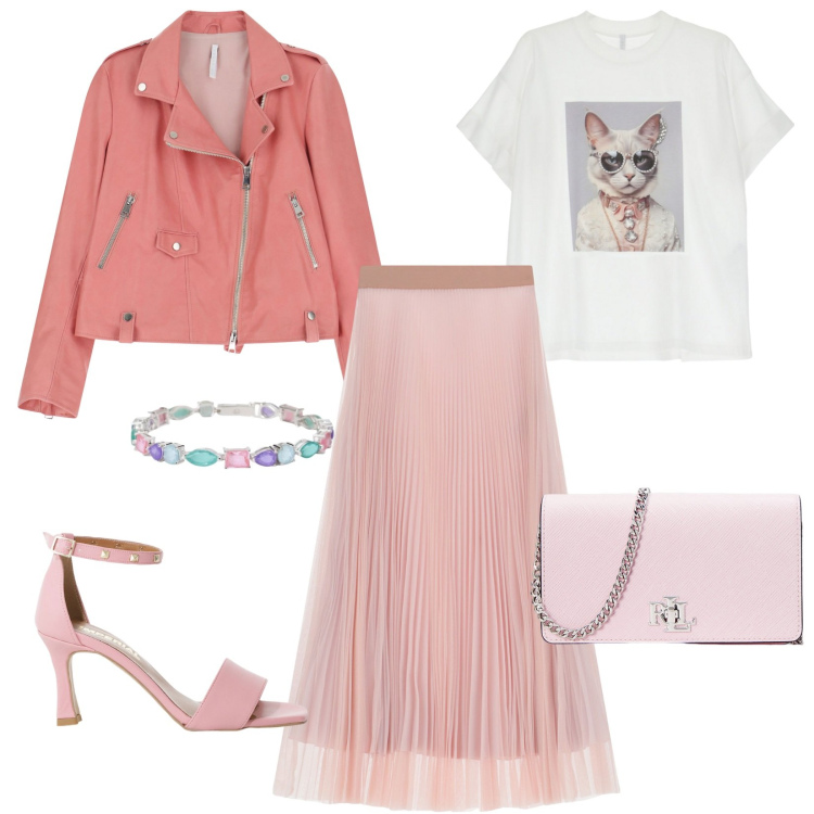 Outfit donna - Colore Baby pink. Stile Glamour per Ufficio. Abbinamento con braccialetti, t-shirt, giacche, sandali col tacco, gonne lunghe, borse a tracolla.