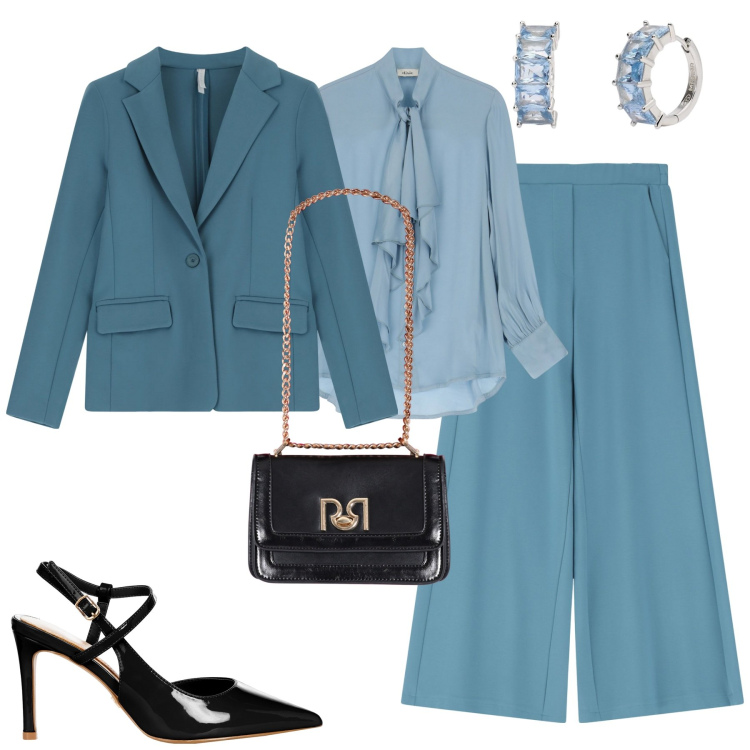 Outfit donna - Cerimonia. Stile Chic per Cerimonia. Abbinamento con orecchini, décolleté, borse a tracolla, pantaloni, blazer, bluse.