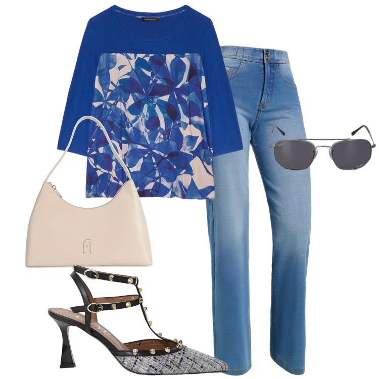Outfit donna - City. Stile Urban per Tutti i giorni. Abbinamento con borse a mano, jeans, décolleté, t-shirt, occhiali da sole.