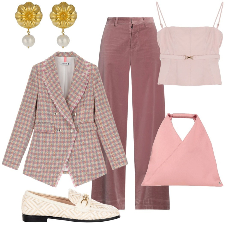 Outfit donna - Tonalità pastello per la mezza stagione. Stile Chic per Tutti i giorni. Abbinamento con pantaloni, borse a mano, mocassini, blazer, top, orecchini.