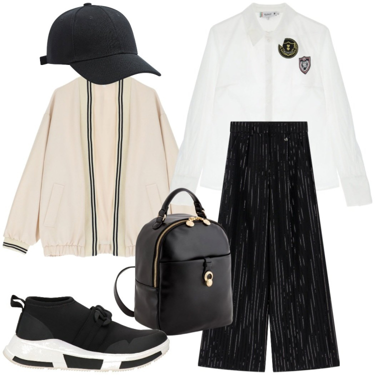 Outfit donna - Total look #2090448. Stile Casual chic per Tutti i giorni. Abbinamento con sneakers, cappelli, bomber, camicie, pantaloni a palazzo, zaini.