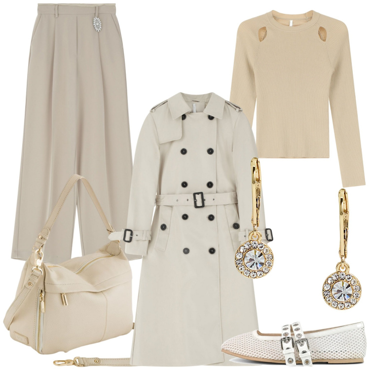 Outfit donna - Total look #2090451. per Ufficio. Abbinamento con maglieria, trench, pantaloni, orecchini, ballerine, borse a tracolla.