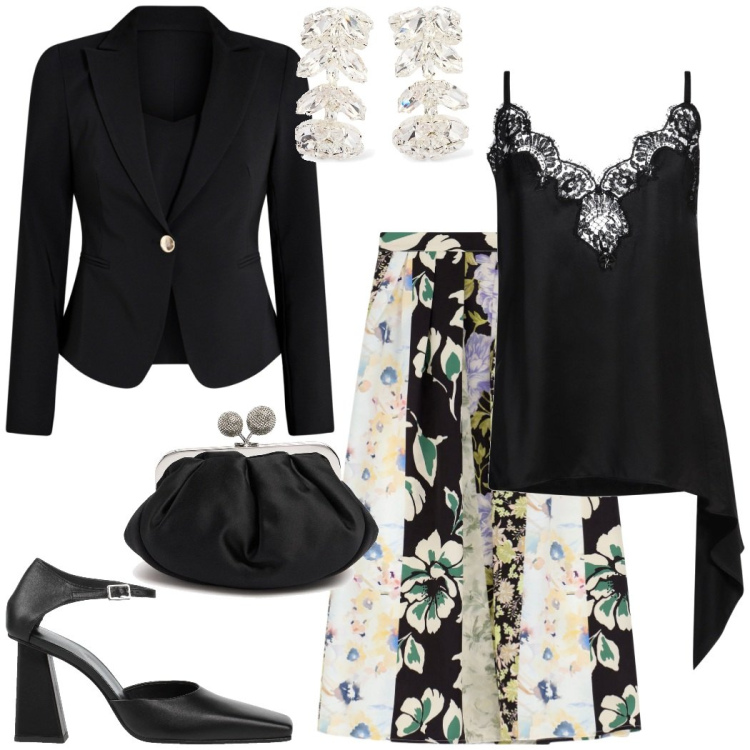 Outfit donna - Cerimonia in primavera. Stile Glamour per Cerimonia. Abbinamento con top, décolleté, blazer, gonne lunghe, pochette, orecchini.