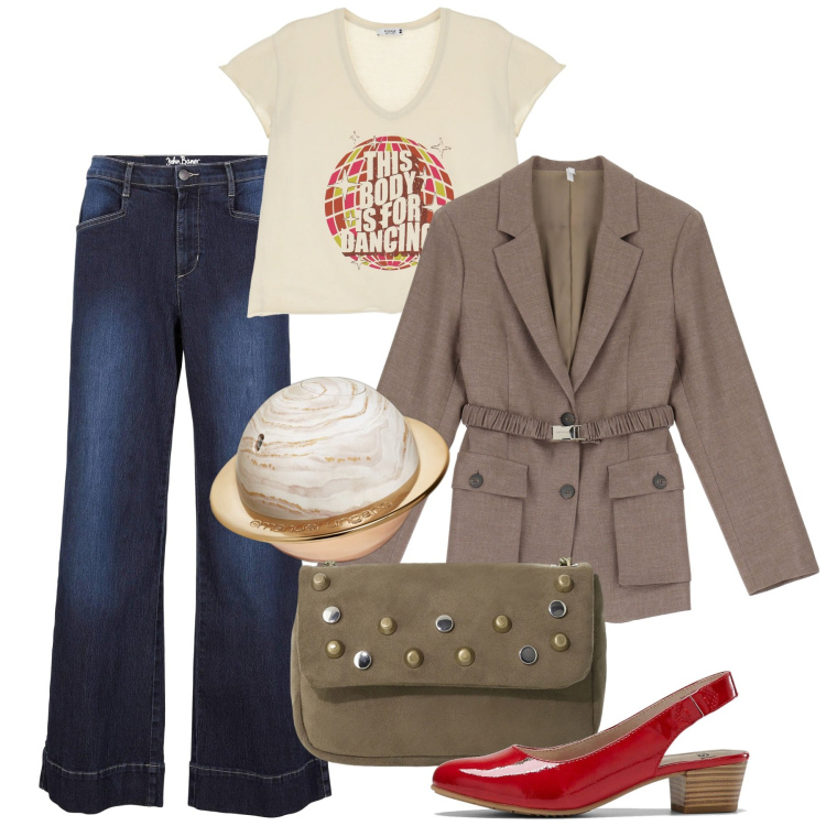 Outfit donna - Sahariana. Stile Chic per Tutti i giorni. Abbinamento con jeans, décolleté, profumi, t-shirt, blazer, borse a tracolla.