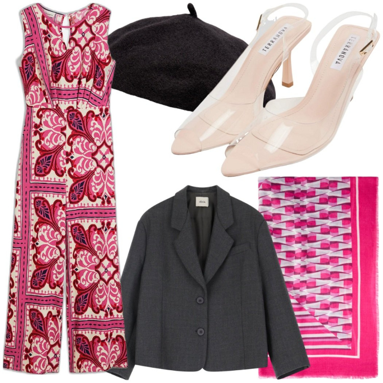 Outfit donna - Black and Pink. Stile Casual per Serata fuori. Abbinamento con tute, sandali col tacco, blazer, cappelli e berretti, sciarpe.