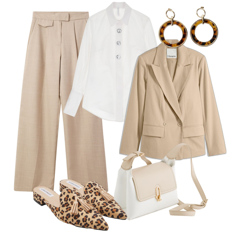Outfit donna - Le sabot animalier in ufficio. Stile Glamour per Ufficio. Abbinamento con blazer, sabot, pantaloni, camicie, orecchini, borse a tracolla.