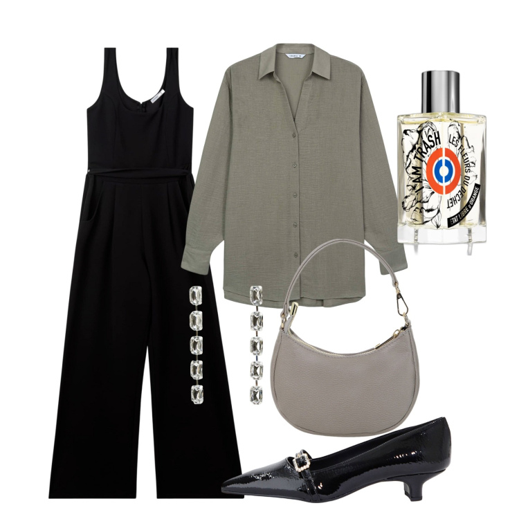 Outfit donna - Jumpsuit. Stile Chic per Serata fuori. Abbinamento con profumi, tute, camicie, orecchini, ballerine, borse a spalla.