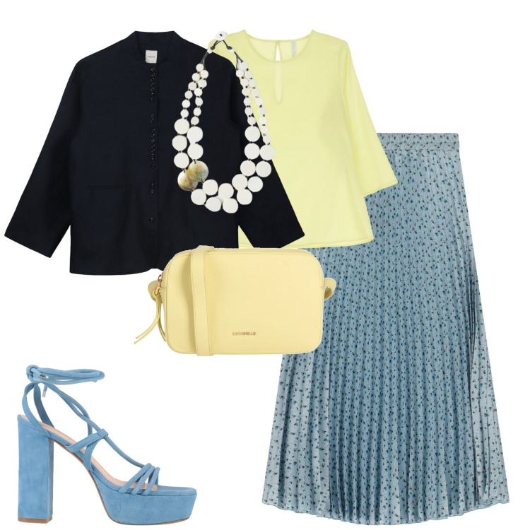 Outfit donna - City. Stile Urban per Tutti i giorni. Abbinamento con borse a tracolla, sandali in pelle, bluse, gonne lunghe, ciondoli, blazer.