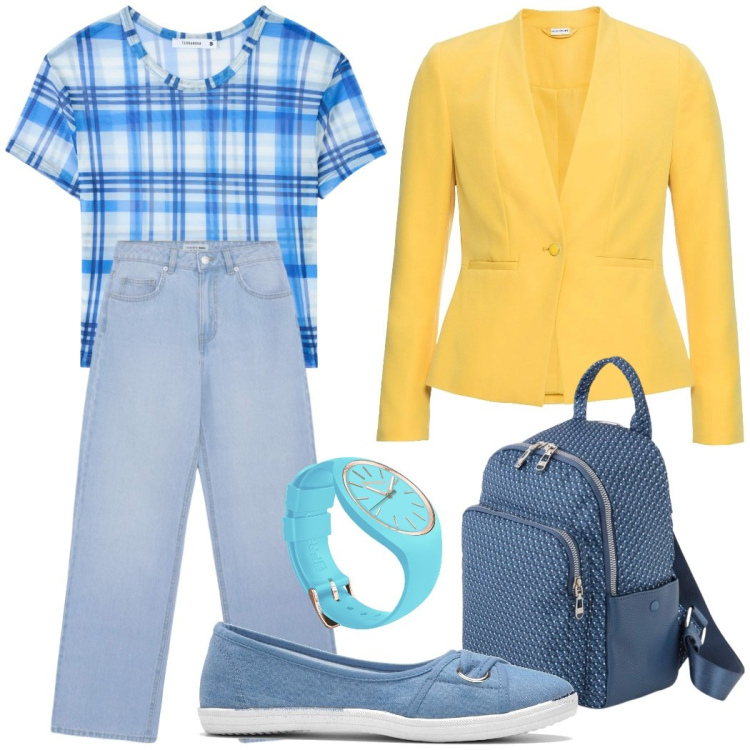 Outfit donna - Urban style. Stile Urban per Scuola/Università. Abbinamento con ballerine, blazer, jeans, t-shirt, orologi, zaini.