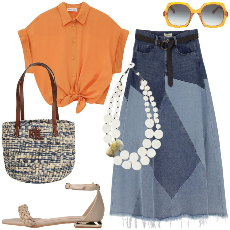 Outfit donna - In vacanza. Stile Casual per Tutti i giorni. Abbinamento con borse a spalla, occhiali da sole, sandali, gonne longuette, camicie a manica corta, ciondoli.