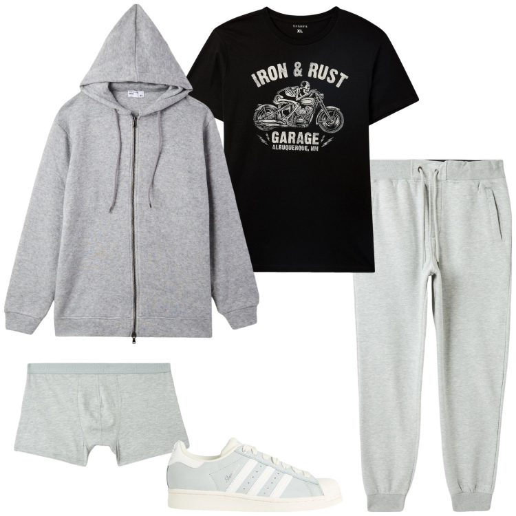 Outfit uomo - @home. Stile Casual per Tutti i giorni. Abbinamento con sneakers, t-shirt, boxer, pantaloni, felpe.
