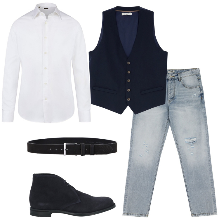 Outfit uomo - Bellissimo cosi. Stile Trendy per Serata speciale. Abbinamento con stivali e stivaletti, gilet, jeans strappati, cinture, camicie.