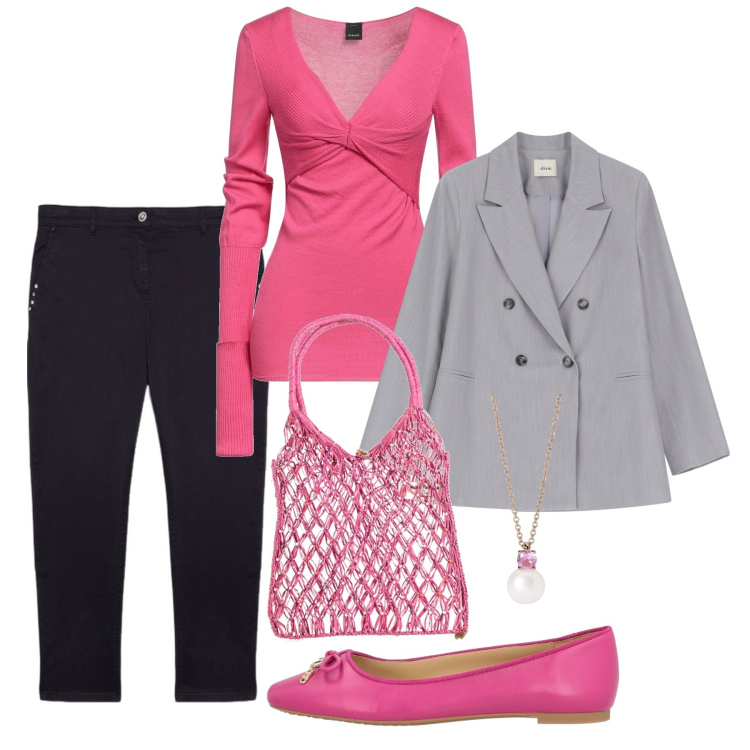 Outfit donna - Fucsia time. Stile Chic per Serata fuori. Abbinamento con pullovers, borse a mano, ballerine, collane, blazer, pantaloni chino.