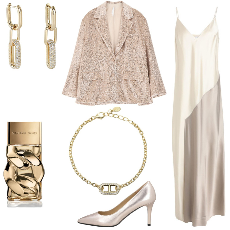 Outfit donna - Slip dress. Stile Glamour per Serata fuori. Abbinamento con décolleté, vestiti lunghi, profumi, orecchini, braccialetti, blazer.