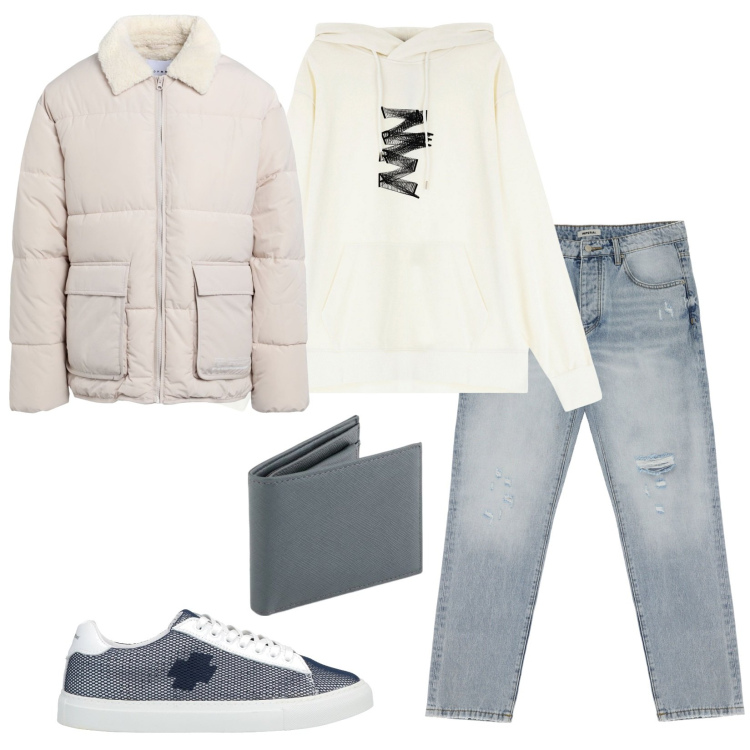 Outfit uomo - Casual style. Stile Casual per Tutti i giorni. Abbinamento con piumini, sneakers, jeans strappati, felpe con cappuccio, portafogli.