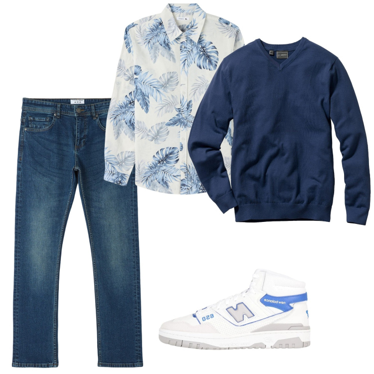 Outfit uomo - Primavera. Stile Casual per Tutti i giorni. Abbinamento con maglieria, sneakers alte, camicie, jeans dritti.