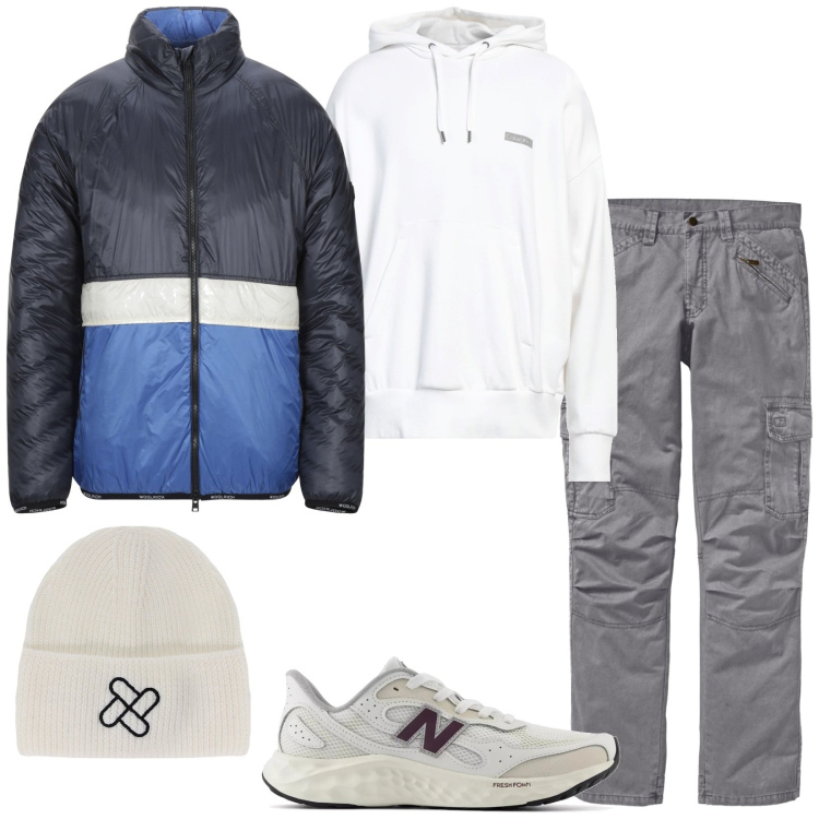 Outfit uomo - Total look #2090533. Stile Casual per Tutti i giorni. Abbinamento con pantaloni cargo, piumini, felpe con cappuccio, sneakers, berretti.