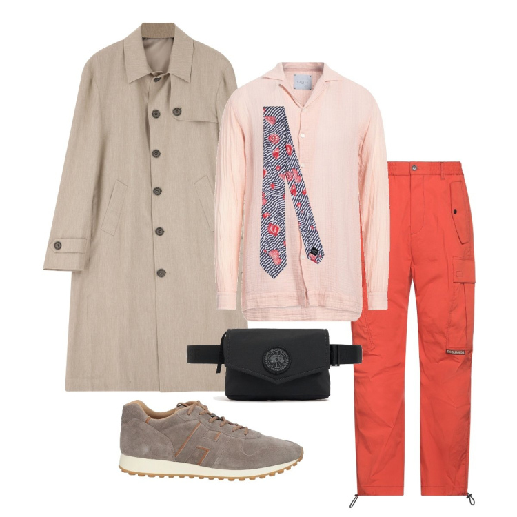 Outfit uomo - Apricot afternoon. Stile Casual per Tutti i giorni. Abbinamento con cravatte, sneakers, pantaloni cargo, camicie, trench, borse sportive.