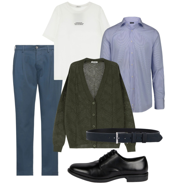 Outfit uomo - Aprile quasi qui. Stile Casual per Tutti i giorni. Abbinamento con pantaloni chino, cardigans, t-shirt, cinture, scarpe stringate, camicie.
