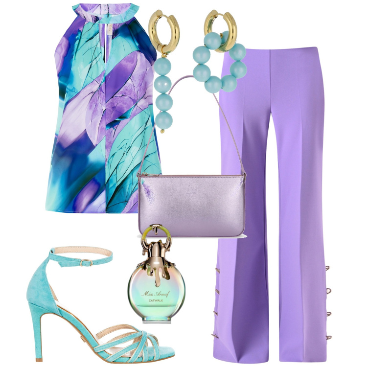 Outfit donna - Cerimonia. Stile Chic per Cerimonia. Abbinamento con profumi, top, pantaloni a palazzo, sandali col tacco, borse a spalla, orecchini.