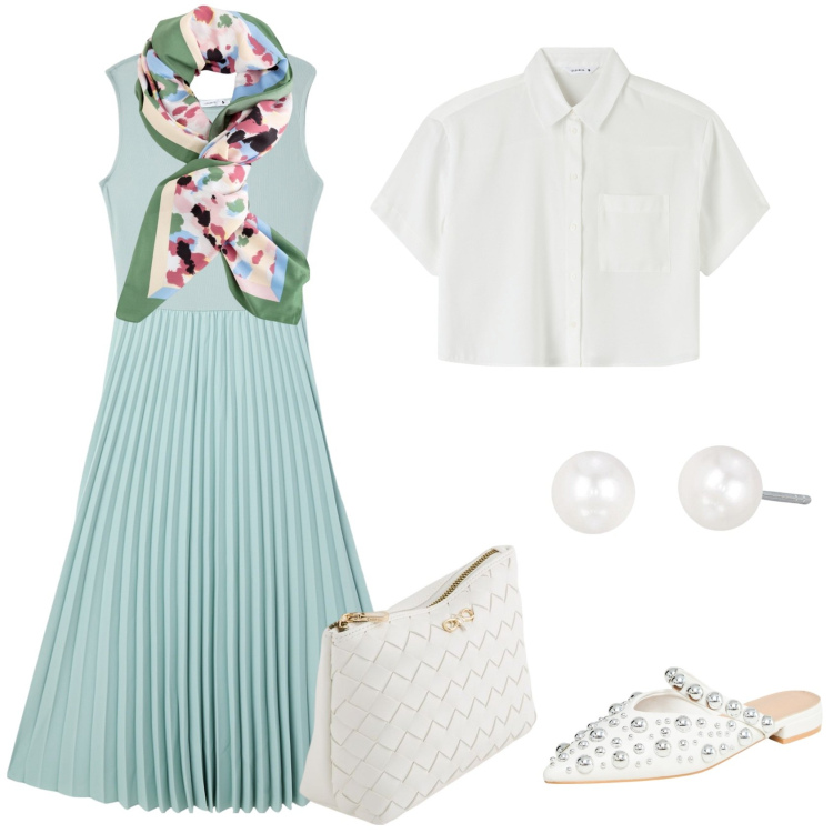 Outfit donna - Primavera anni \'50. Stile Bon Ton per Cerimonia. Abbinamento con vestiti lunghi, ballerine, camicie a manica corta, orecchini, pochette, foulard.