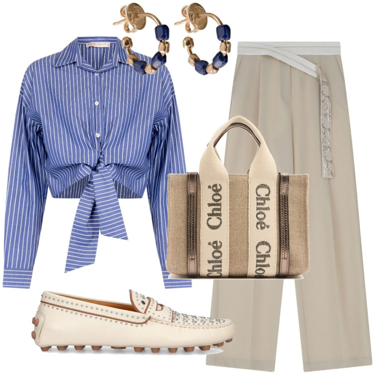 Outfit donna - Primavera alla scrivania. Stile Mannish per Ufficio. Abbinamento con pantaloni, camicie, orecchini, borse a mano, mocassini.