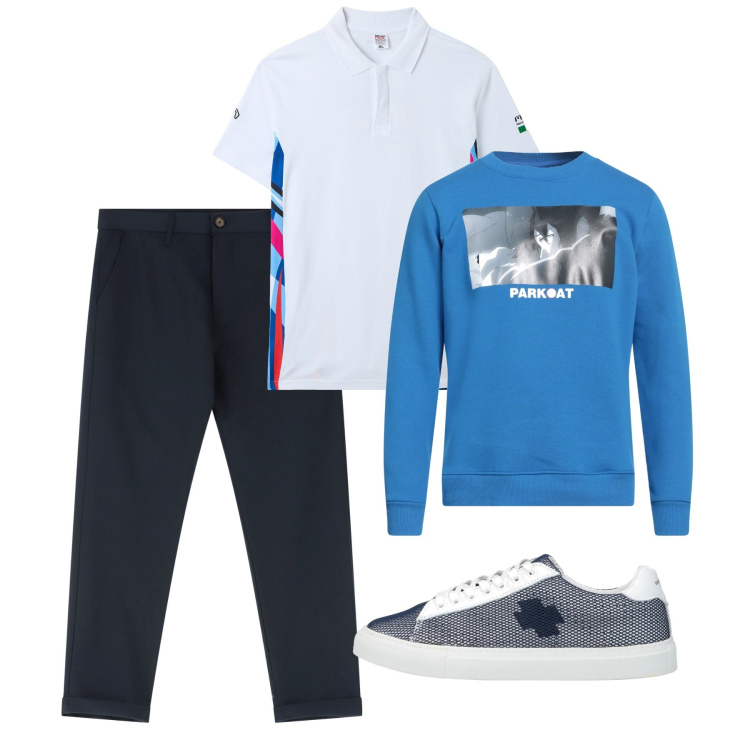 Outfit uomo - Azzurro. Stile Casual per Tutti i giorni. Abbinamento con felpe, sneakers, polo, pantaloni chino.