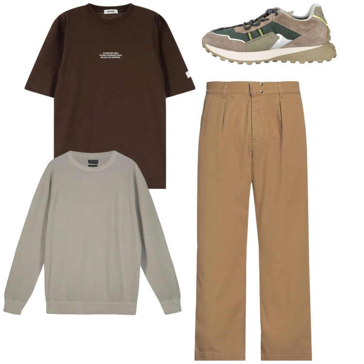 Outfit uomo - City. Stile Casual per Tutti i giorni. Abbinamento con pantaloni chino, sneakers, t-shirt, maglieria.