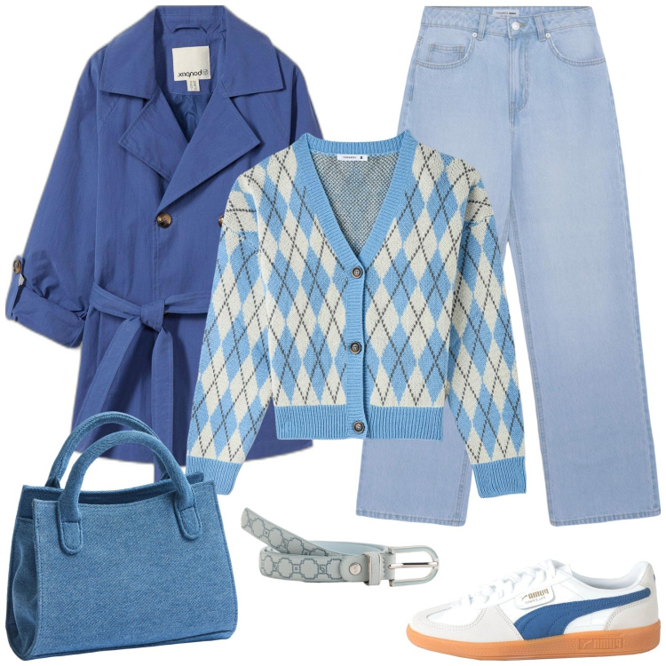 Outfit donna - Trench in città. Stile Casual per Tutti i giorni. Abbinamento con trench, sneakers, jeans, cardigans, borse a tracolla, cinture.