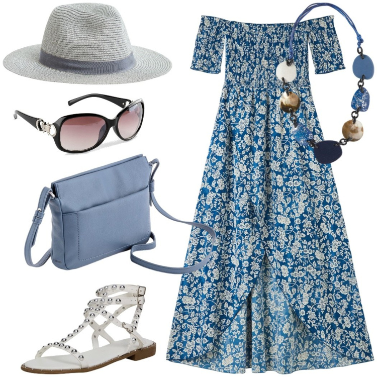 Outfit donna - Visitando città d\'arte. Stile Casual chic per Tutti i giorni. Abbinamento con occhiali da sole, vestiti lunghi, cappelli, sandali, collane, borse a tracolla.