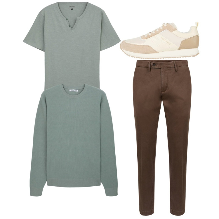 Outfit uomo - City. Stile Casual per Tutti i giorni. Abbinamento con sneakers, maglieria, t-shirt, pantaloni chino.