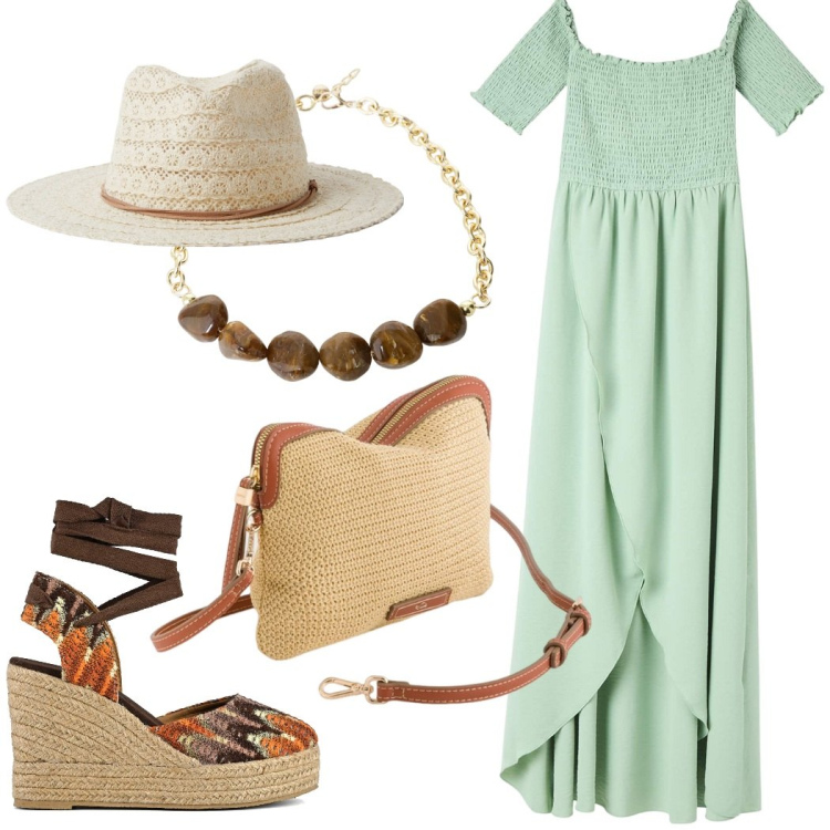 Outfit donna - In vacanza. Stile Casual chic per Tutti i giorni. Abbinamento con vestiti lunghi, cappelli, collane, sandali col tacco, borse a tracolla.