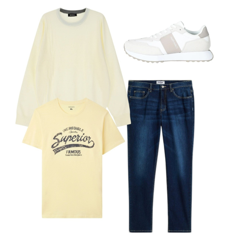 Outfit uomo - Casual city. Stile Casual per Tutti i giorni. Abbinamento con jeans, sneakers, t-shirt, maglieria.
