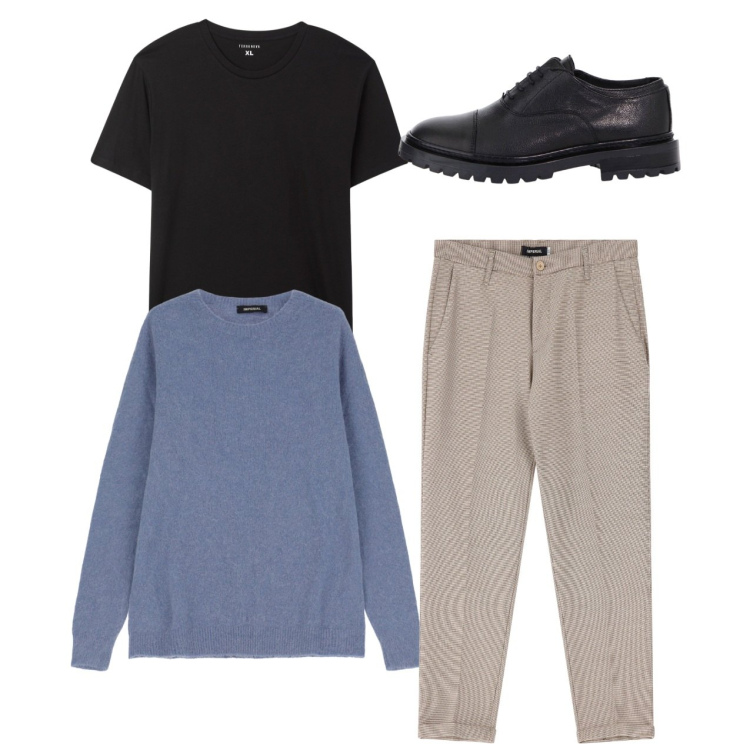Outfit uomo - City. Stile Casual per Tutti i giorni. Abbinamento con t-shirt, scarpe stringate, maglieria, pantaloni.