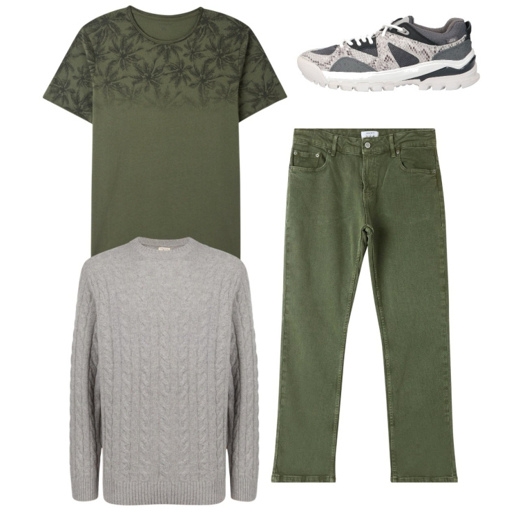Outfit uomo - City. Stile Casual per Tutti i giorni. Abbinamento con sneakers, t-shirt, pantaloni, maglieria.