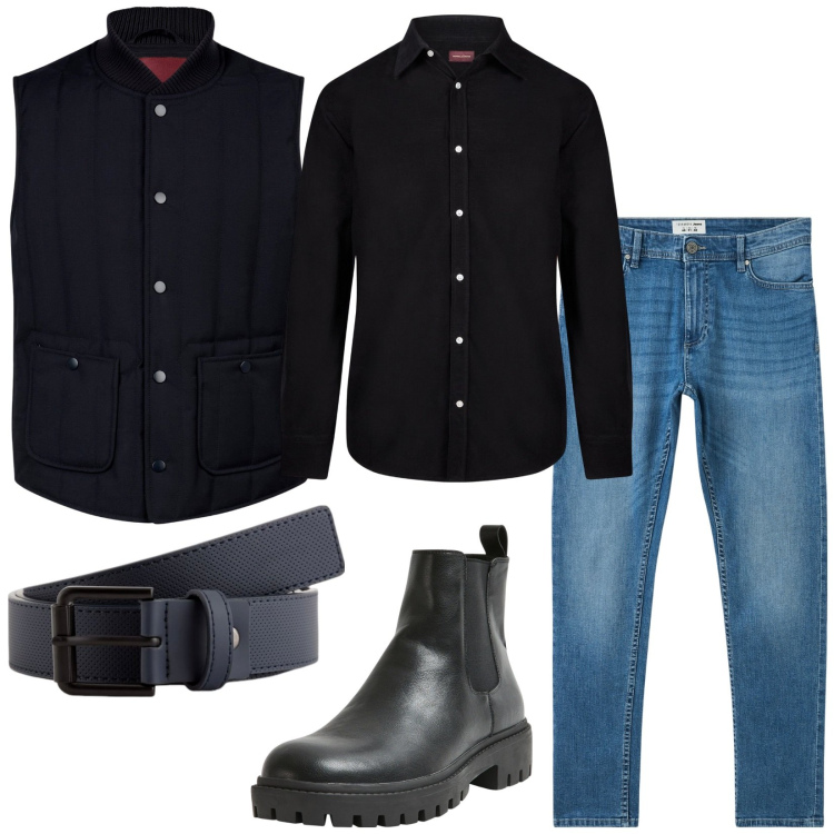 Outfit uomo - Total look #2090619. Stile Trendy per Serata speciale. Abbinamento con stivali e stivaletti, jeans skinny, piumini, camicie, cinture.