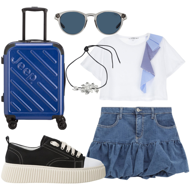 Outfit donna - Sogni Estivi: Moda in Stile Saint Tropez. Stile Casual per Tutti i giorni. Abbinamento con minigonne, t-shirt, sneakers, collane, occhiali da sole, valigie.