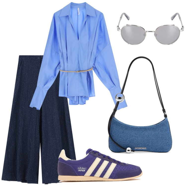 Outfit donna - A spasso per la città. Stile Casual chic per Tutti i giorni. Abbinamento con camicie, pantaloni a palazzo, sneakers, borse a spalla, occhiali da sole.