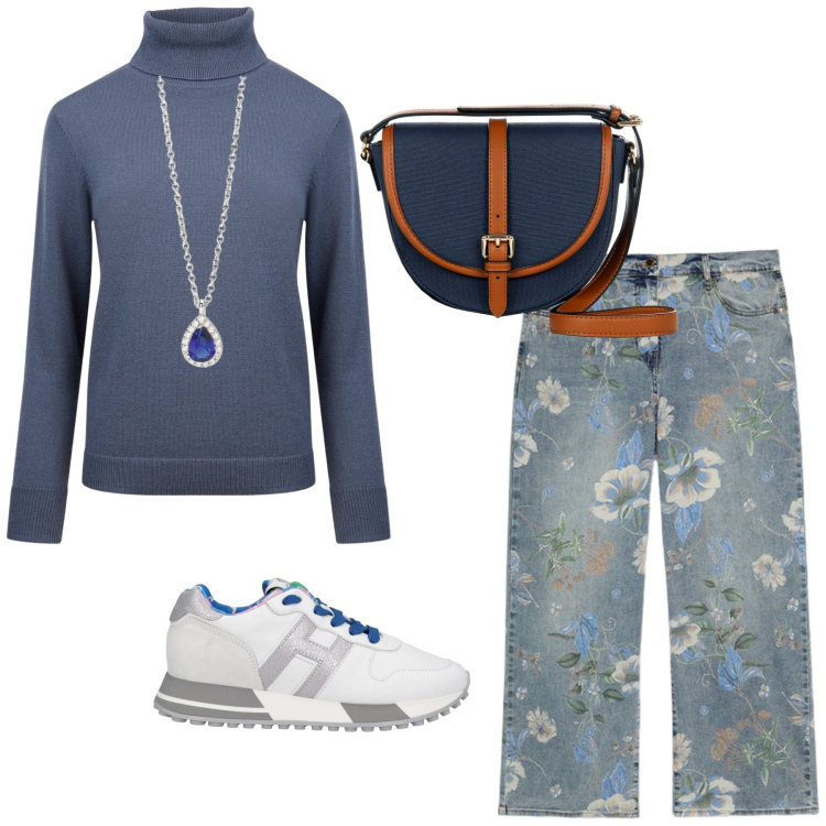 Outfit donna - Total look #2090632. Stile Basic per Tutti i giorni. Abbinamento con sneakers, collane, borse a tracolla, maglieria, jeans dritti.