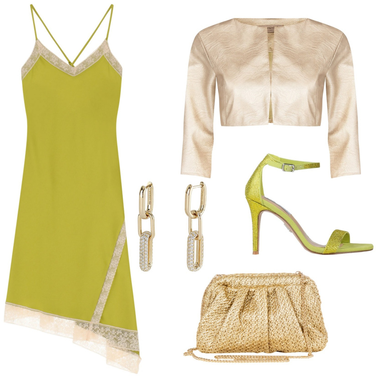 Outfit donna - Cerimonia chic. Stile Chic per Cerimonia. Abbinamento con sandali col tacco, orecchini, bolero, clutch, vestiti asimmetrici.