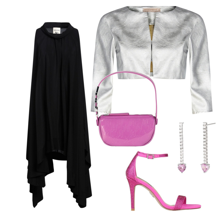 Outfit donna - Serata primaverile. Stile Glamour per Serata fuori. Abbinamento con vestiti asimmetrici, borse a mano, sandali col tacco, orecchini, bolero.