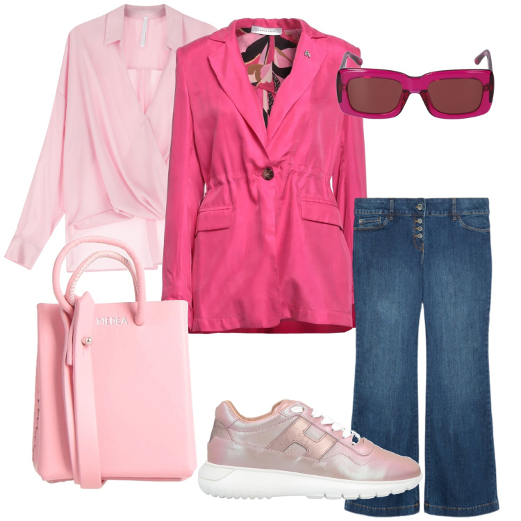 Outfit donna - rosa e denim per l’ufficio. Stile Casual per Ufficio. Abbinamento con sneakers, blazer, borse a spalla, bluse, occhiali da sole, jeans.