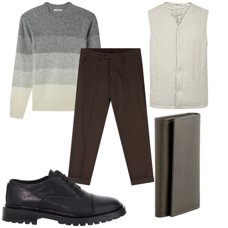 Outfit uomo - Total look #2090672. Stile Casual per Ufficio. Abbinamento con maglieria, scarpe stringate, pantaloni chino, piumini, portachiavi.