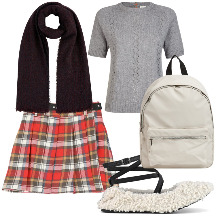 Outfit donna - Sunday. Stile Preppy per Tutti i giorni. Abbinamento con zaini, gonne, maglieria, ballerine, sciarpe.