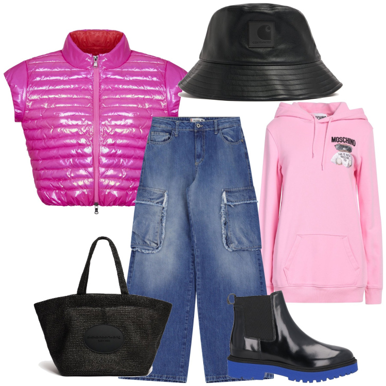 Outfit donna - Sotto al temporale. Stile Sporty chic per Tutti i giorni. Abbinamento con felpe con cappuccio, stivaletti chelsea, jeans, blazer, cappelli, shopping bag.