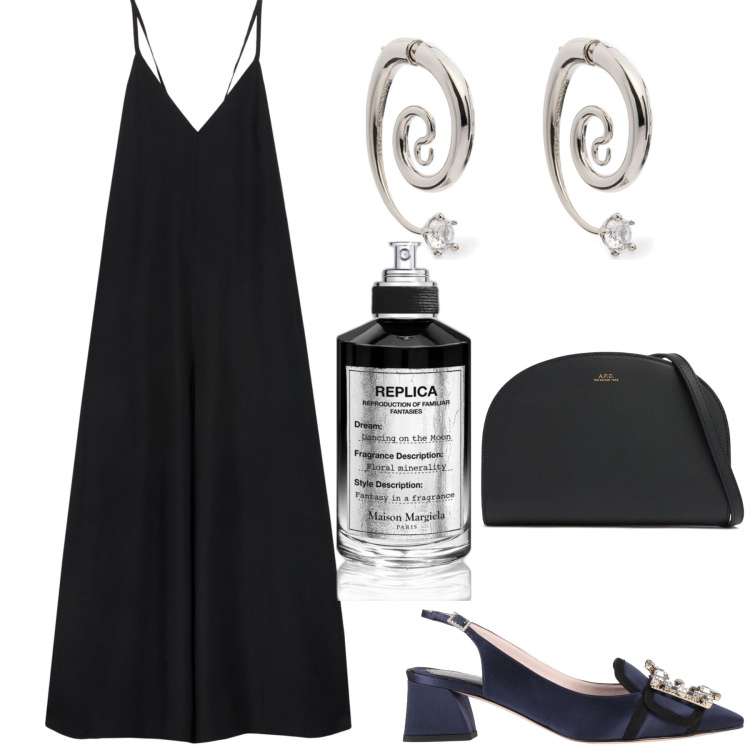 Outfit donna - Quando il gioiello è il profumo. Stile Chic per Serata fuori. Abbinamento con décolleté, profumi, clutch, tute, orecchini.