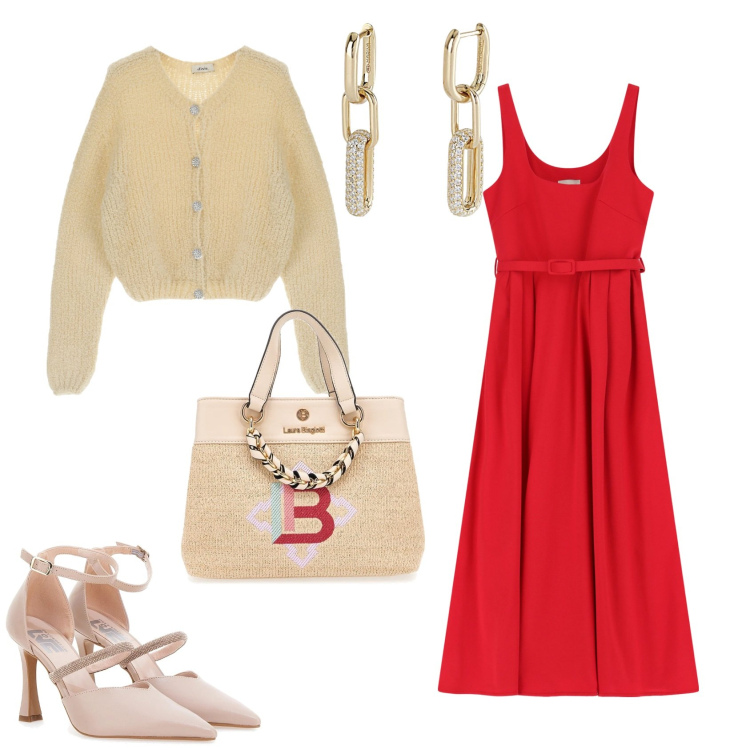 Outfit donna - Serata a Siviglia. Stile Chic per Serata fuori. Abbinamento con orecchini, vestiti midi/longuette, cardigans, décolleté, borse a mano.