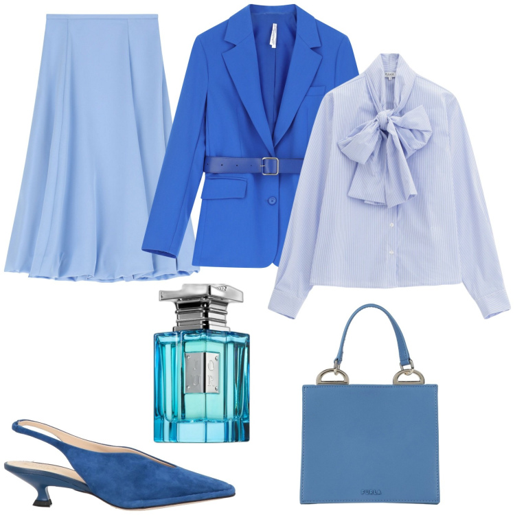 Outfit donna - Elegante in primavera. Stile Chic per Serata fuori. Abbinamento con décolleté, borse a mano, profumi, camicie, gonne longuette, blazer.