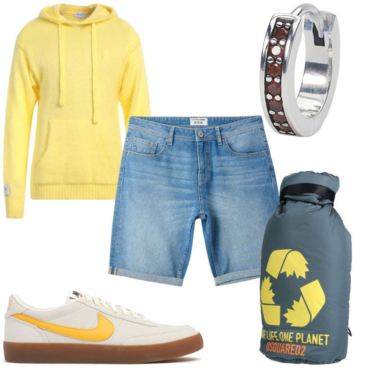 Outfit uomo - Total look #2090710. Stile Trendy per Tutti i giorni. Abbinamento con pullovers, borse sportive, bermuda, orecchini, sneakers.