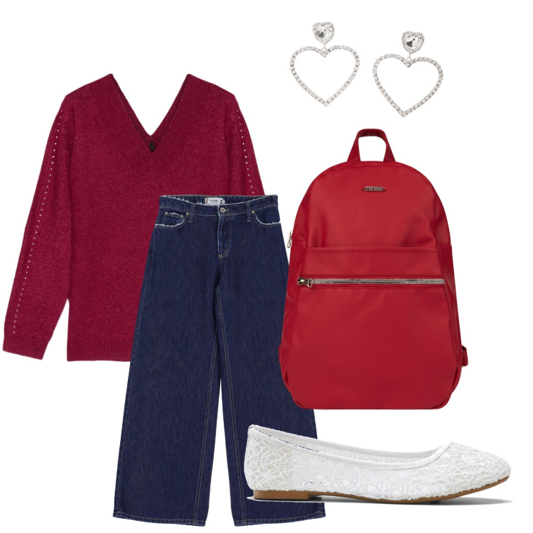 Outfit donna - Cuoricini. Stile Minimal per Scuola/Università. Abbinamento con ballerine, jeans, zaini, orecchini, maglieria.
